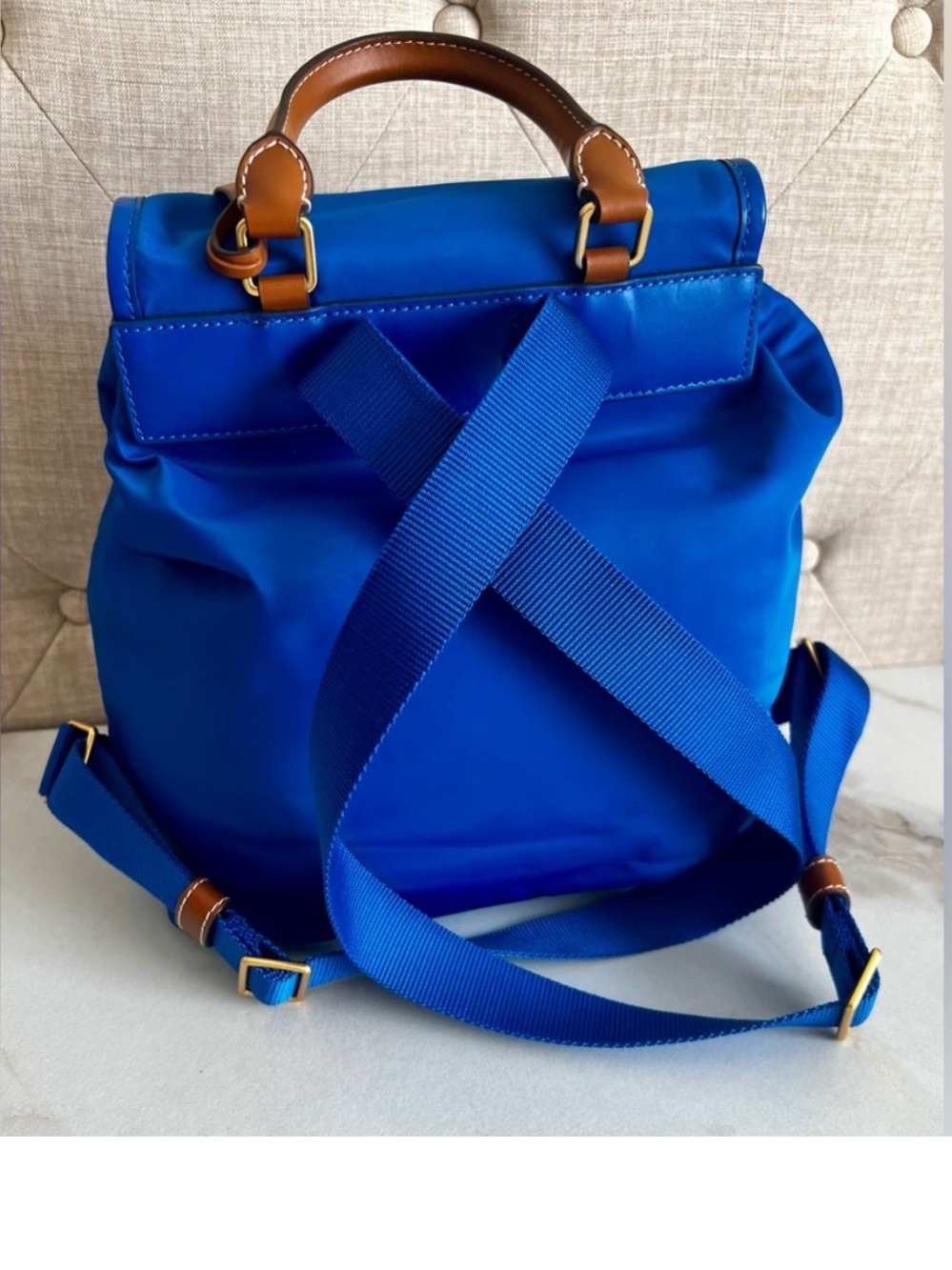 Tory Burch Perry Blue Nylon Backpack Leather Trim Gold Hardware NWOT - Picture 9 of 16